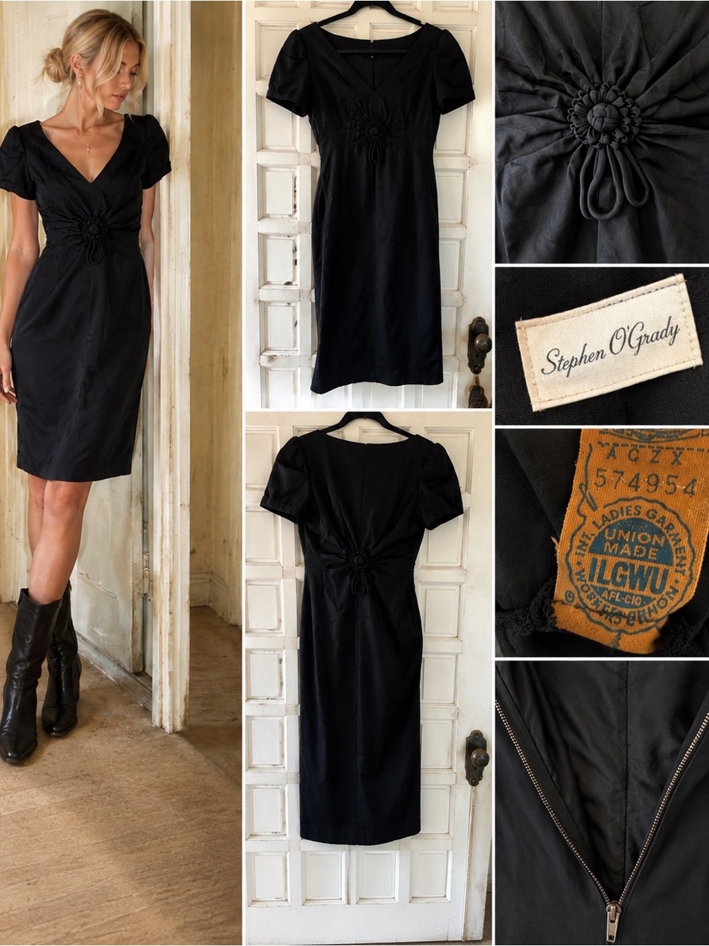 Vintage Stephen O’Grady Black  Cocktail Midi Dress Puff Sleeve Union Made ILGWU